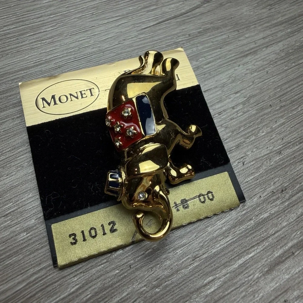 Vintage Monet Patriotic Elephant Brooch Pin Gold Tone Red White Blue Enamel NOS